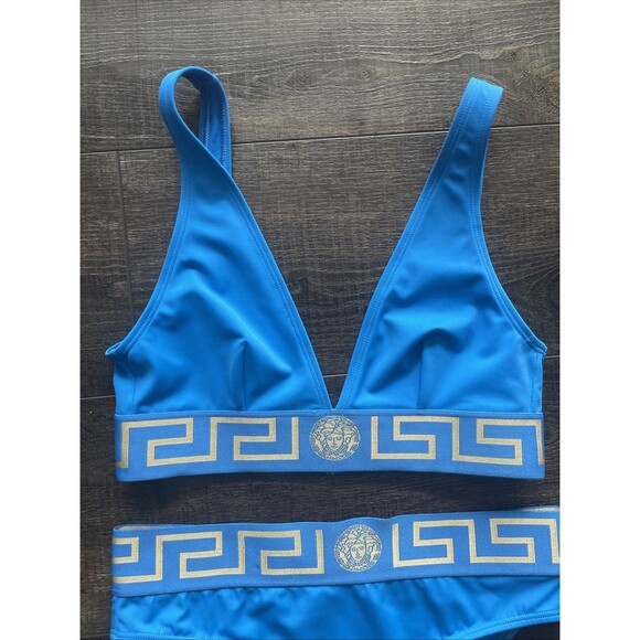 Versace Mediterranean Blue Greca Border High Waist Swimsuit Bikini Set Size 2 - Picture 4 of 13